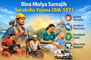 Bina Mulya Samajik Suraksha Yojana (BM-SSY): Complete Guide for Unorganized Workers in West Bengal 1 Bina Mulya Samajik Suraksha Yojana BM-SSY banner showing unorganized workers, healthcare support, accident insurance, provident fund, and education assistance in West Bengal.