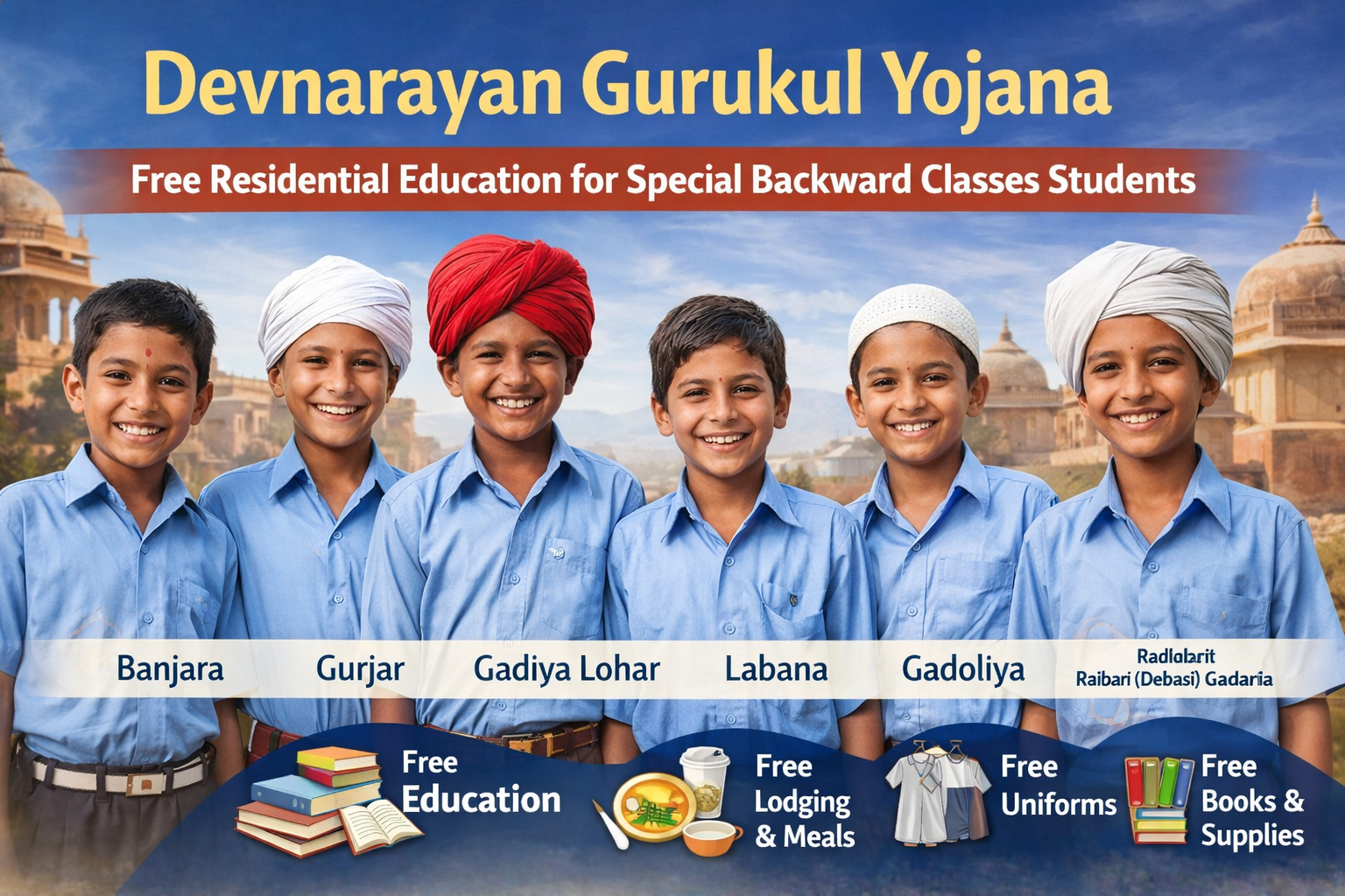 Devnarayan Gurukul Yojana banner showing Rajasthan SBC students receiving free residential education, accommodation, meals, uniforms, and books under government scheme.
