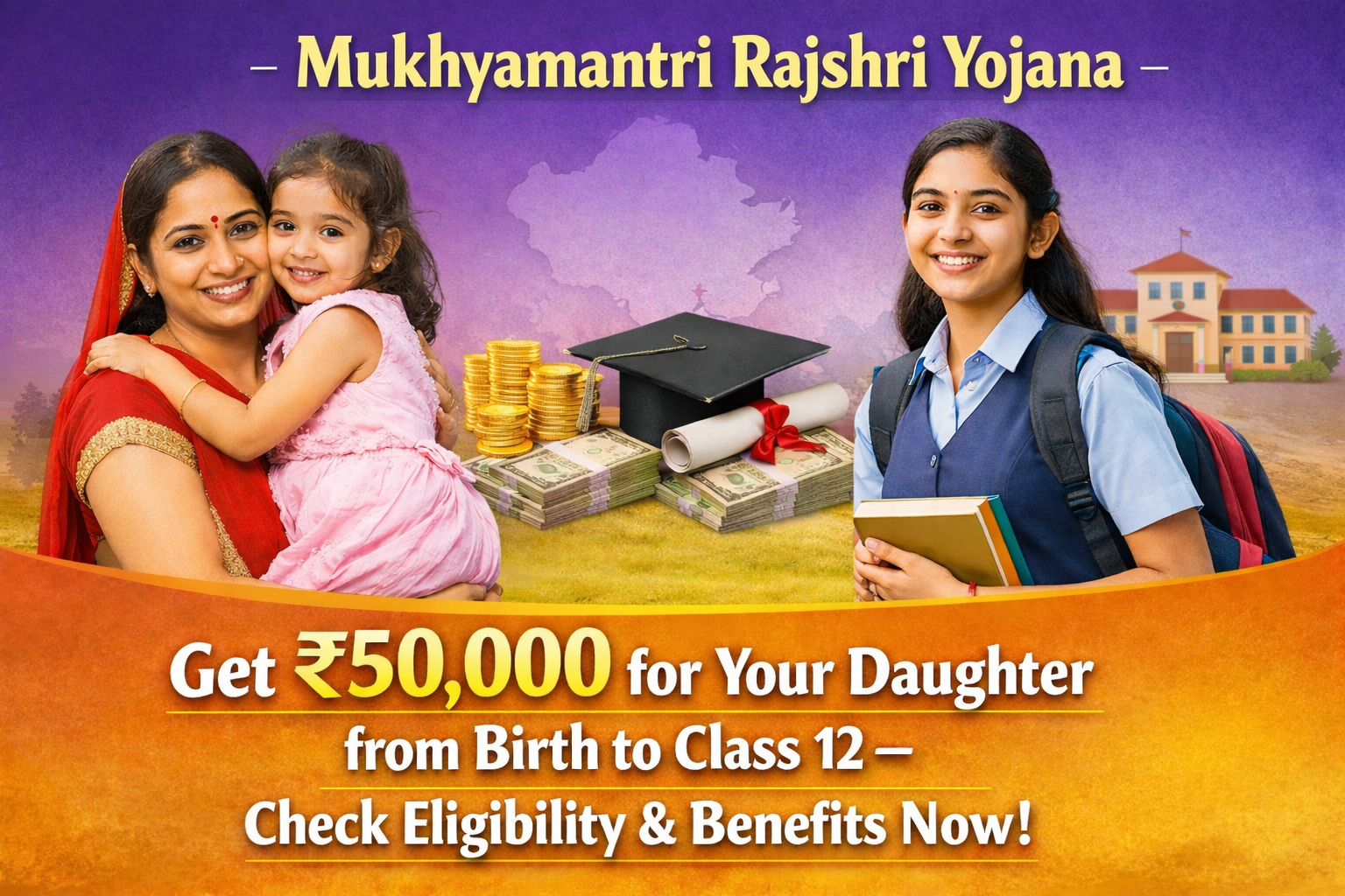 Promotional banner of Mukhyamantri Rajshri Yojana Rajasthan showing mother and daughter with ₹50,000 financial assistance benefit from birth to Class 12 for girl child education.
