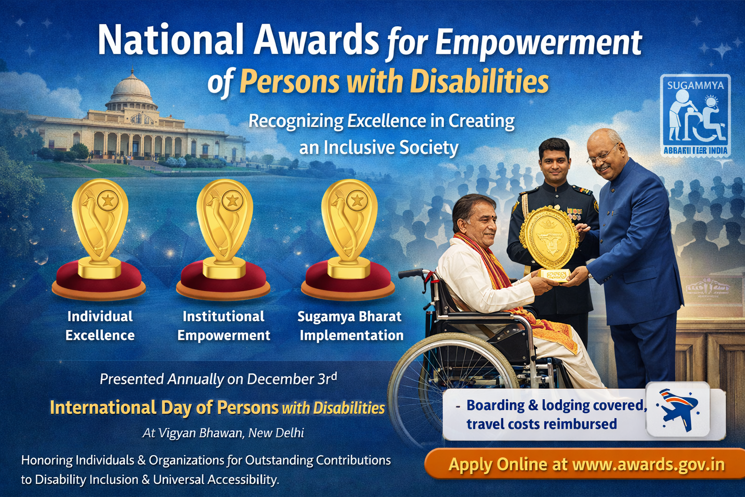 National Awards for Empowerment of Persons with Disabilities ceremony banner showing award presentation at Vigyan Bhawan under Sugamya Bharat Abhiyan.
