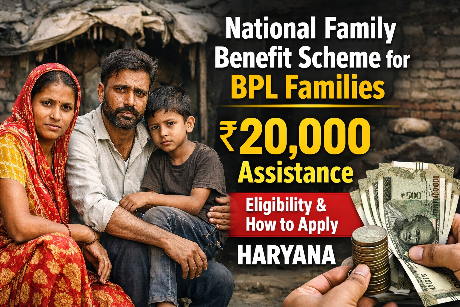 National Family Benefit Scheme Haryana realistic thumbnail showing 20000 rupees financial assistance for BPL families and application process after death of main earning member