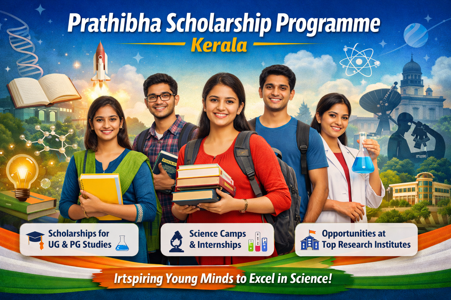 Prathibha Scholarship Programme Kerala 2026 banner showing science students with books and lab equipment highlighting UG PG scholarship benefits up to 60000 rupees.