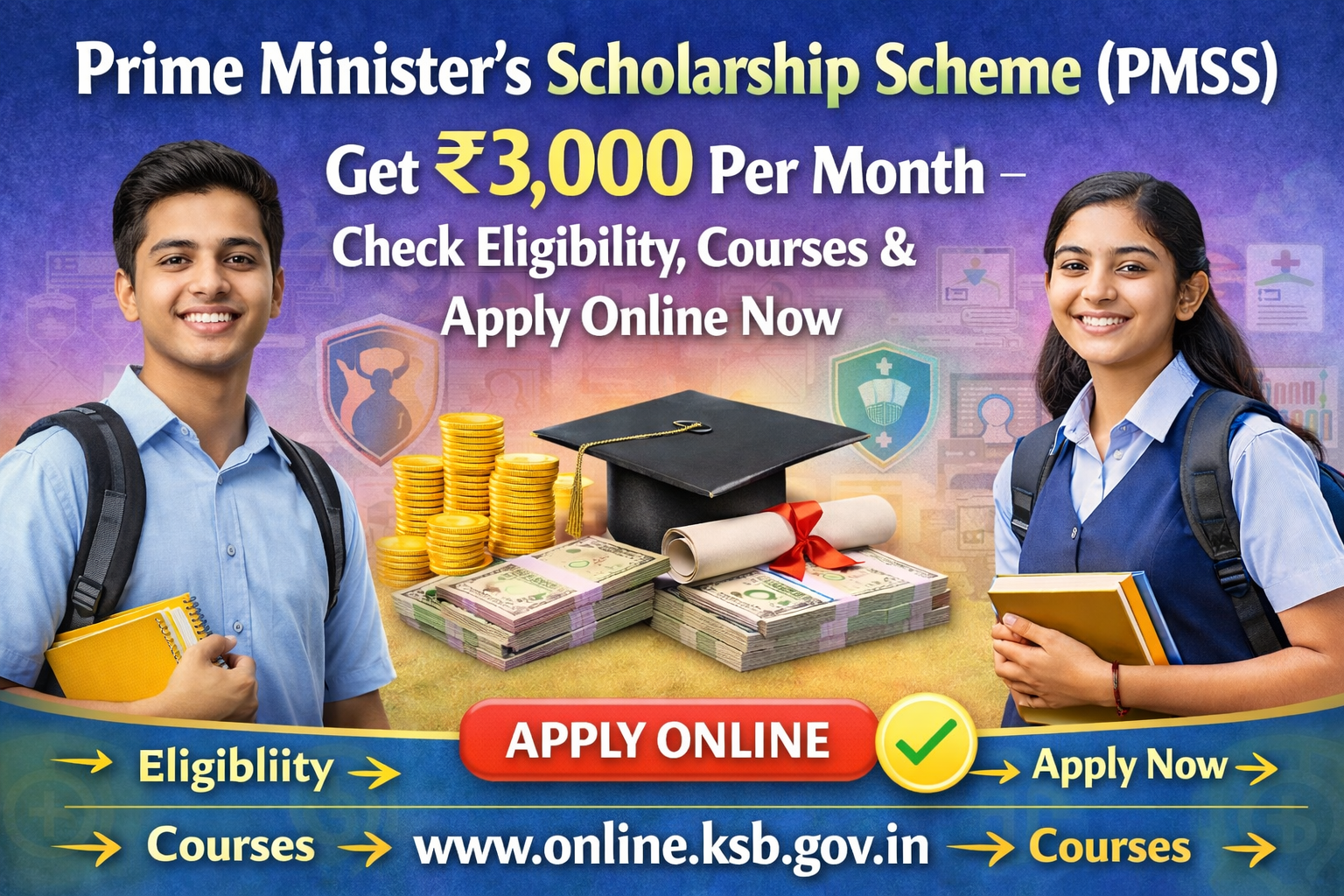 Prime Minister’s Scholarship Scheme PMSS banner showing ₹3,000 per month scholarship amount with apply online details for wards of Ex-Servicemen through KSB website.