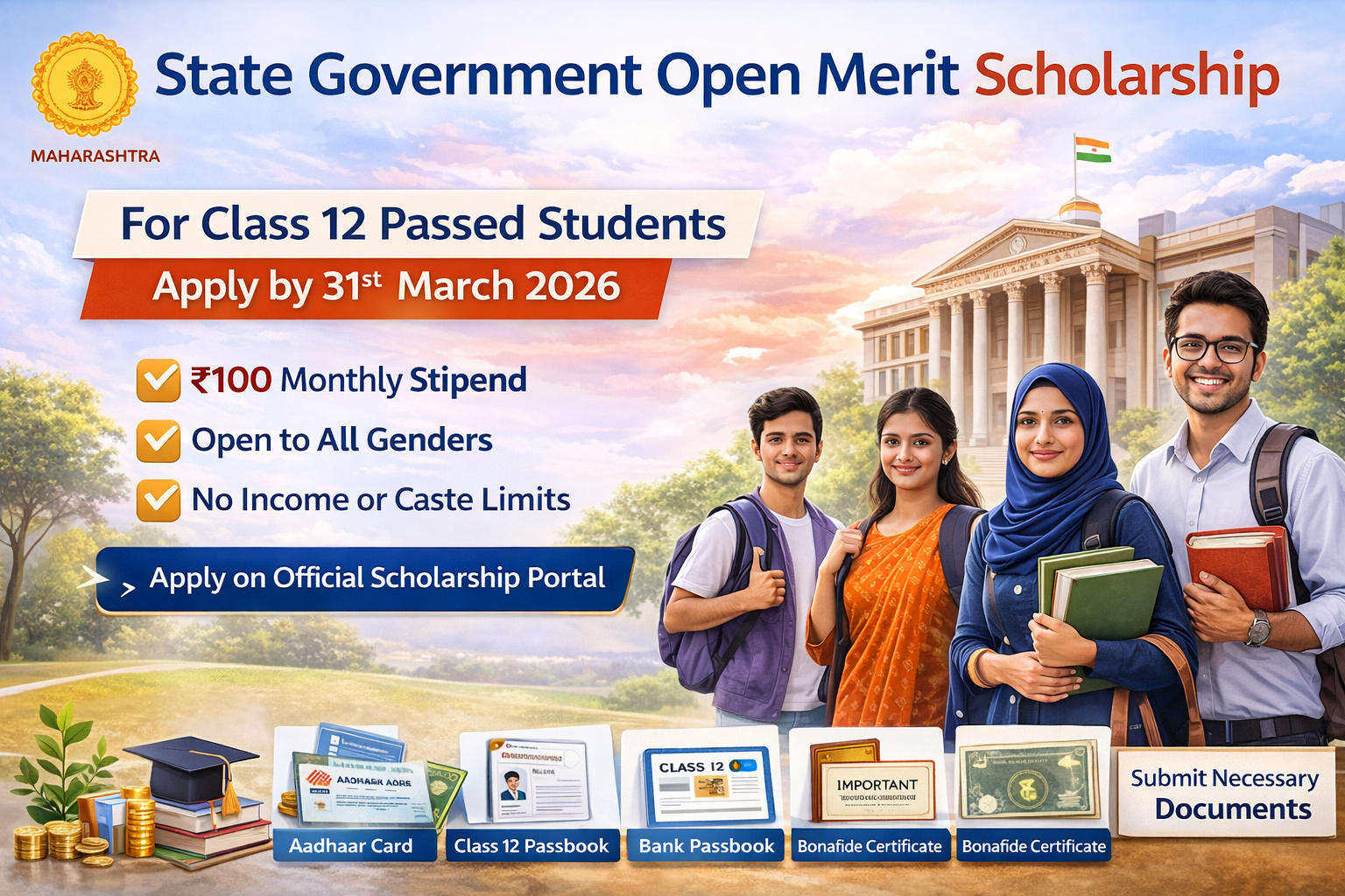 State Government Open Merit Scholarship Maharashtra 2025-26, Rs. 100 monthly stipend for Class 12 passed students, apply on MahaDBT before 31 March 2026