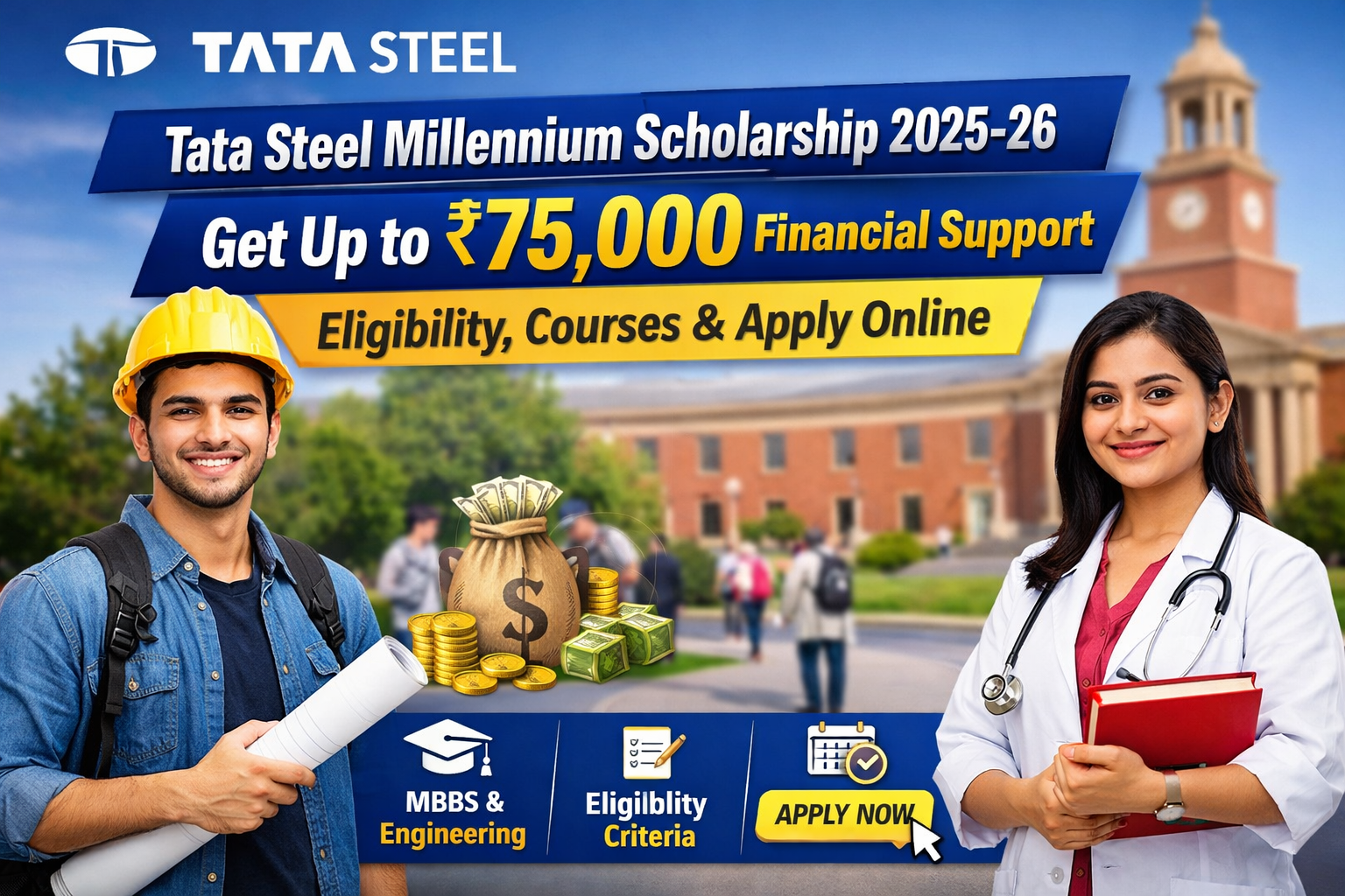 Tata Steel Millennium Scholarship 2025-26 banner showing ₹75,000 financial support for MBBS, Engineering and professional course students with apply online details.
