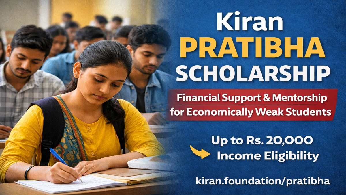 Kiran Pratibha Scholarship 2026 thumbnail showing students studying in classroom with text about financial support and mentorship for economically weak students
