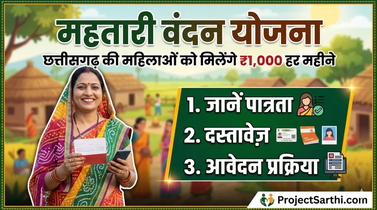 Mahatari Vandan Yojana scheme image showing ₹1000 monthly financial assistance for eligible women in Chhattisgarh with eligibility, documents and online application details
