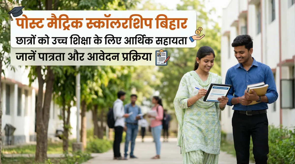 Post Matric Scholarship Bihar banner showing students with books and information about financial assistance for higher education