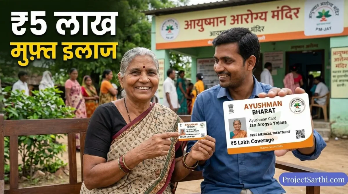 Ayushman Card: Download, Apply Online, Status Check aur Hospital List — सब कुछ एक जगह 1 A smiling elderly woman pointing to her official Ayushman Card. Beside her, a man proudly holds a larger replica of the card, highlighting the key features and coverage details. They are sitting outside a village healthcare center.