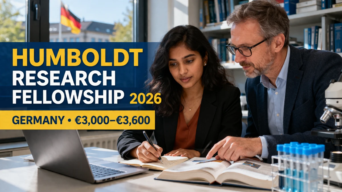 Humboldt Research Fellowship 2026 thumbnail showing a researcher with a mentor in Germany and fellowship funding details
