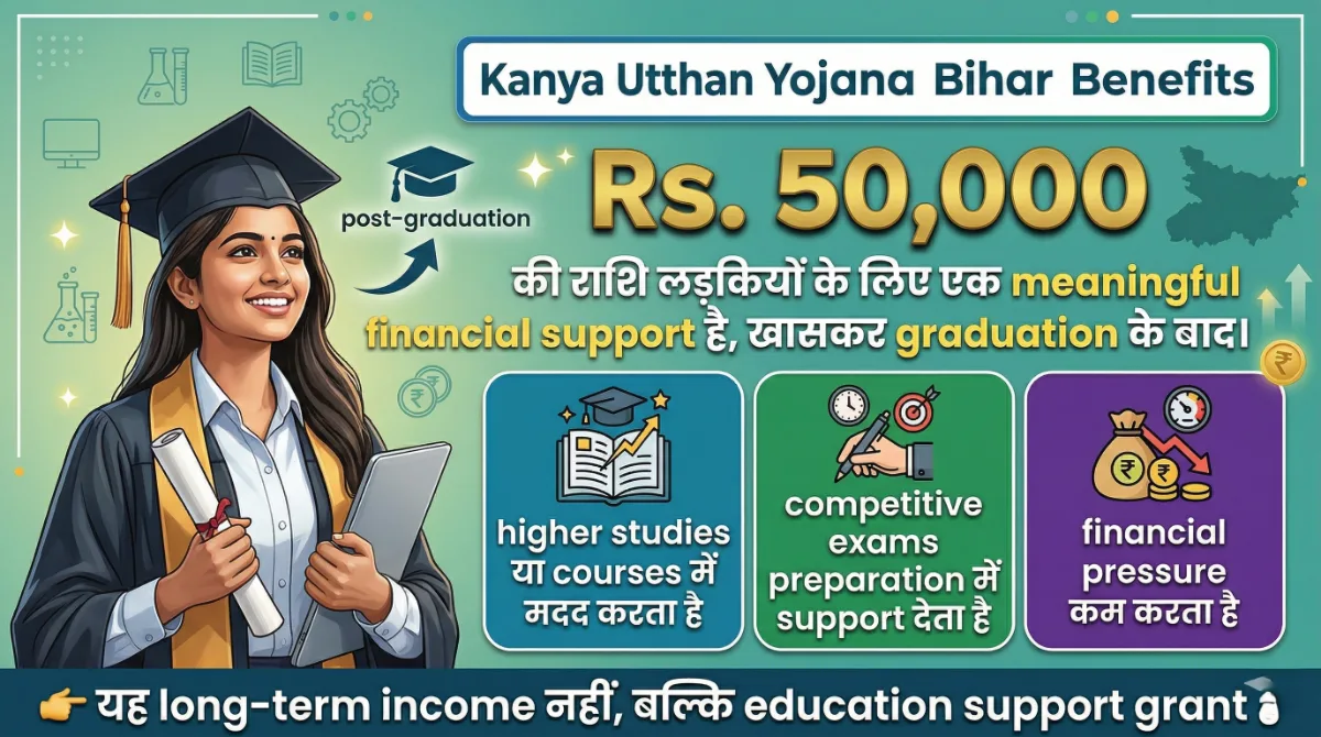 Kanya Utthan Yojana Bihar benefits infographic showing Rs. 50000 financial support for girls after graduation including higher studies, competitive exams and reducing financial pressure