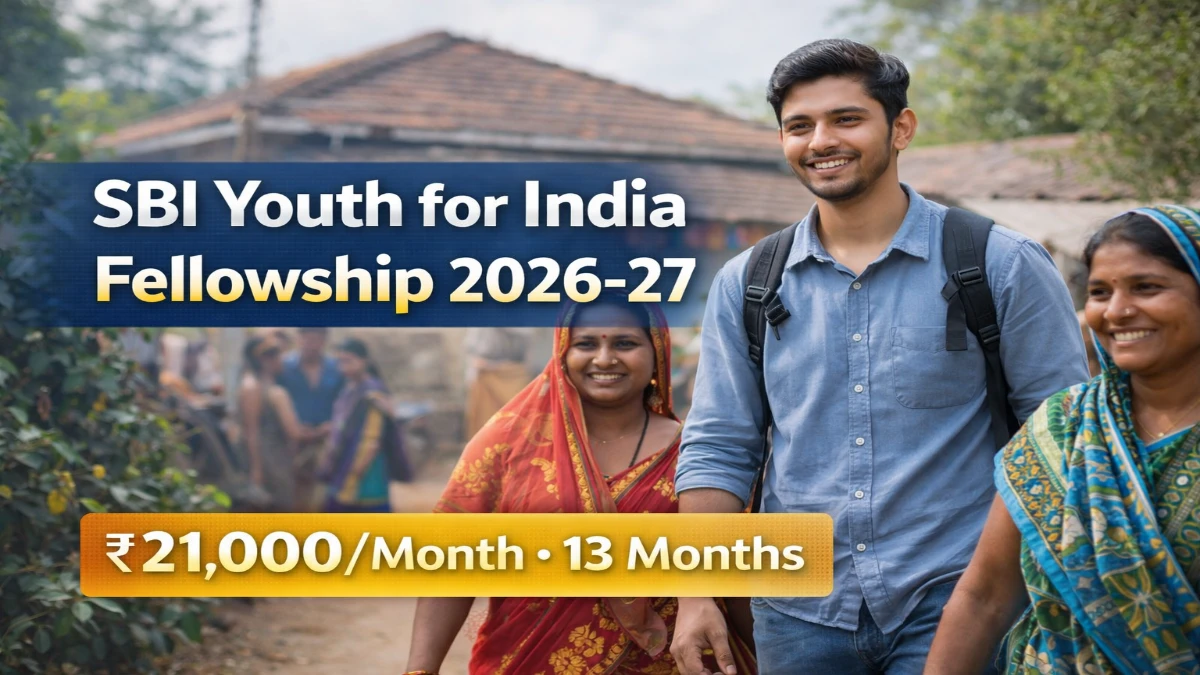 SBI Youth for India Fellowship 2026 thumbnail showing a young fellow with rural community members in an Indian village