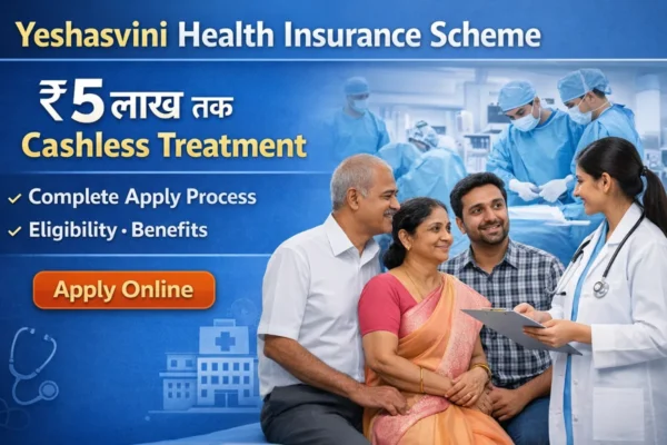 Yeshasvini Health Insurance Scheme Online Apply banner showing ₹5 lakh cashless treatment benefits, eligibility details and application process in Karnataka health insurance scheme